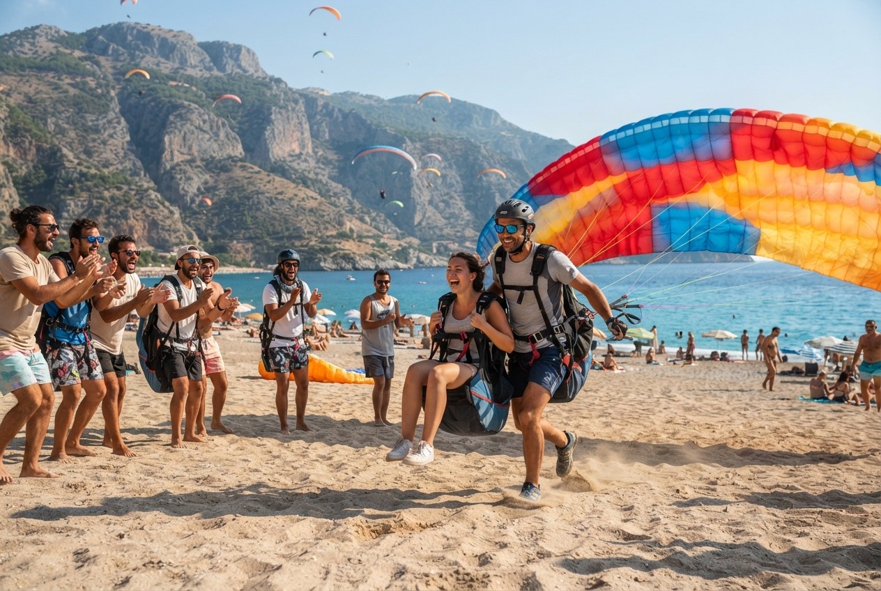 Ölüdeniz plajına grup inişi ve kutlama